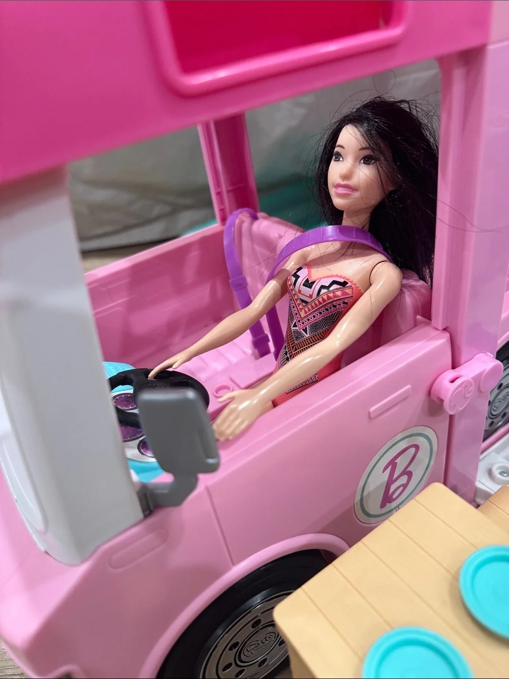 Barbie Pink Play Camper Van with Teal Tray and Plaid Mat